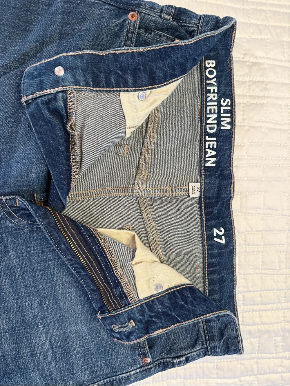 JCrew Slim Boyfriend in Mid Wash Blue. Whispering and fade. 28” inseam.